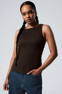 Weekday ANNIE SMOCKED BOAT-NECK TOP dark brown Best Sale