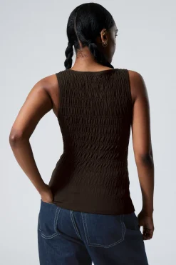 Weekday ANNIE SMOCKED BOAT-NECK TOP dark brown Best Sale