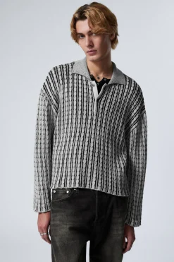 Weekday BOXY CABLE-KNIT POLO SWEATER black & white Cheap