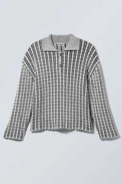 Weekday BOXY CABLE-KNIT POLO SWEATER black & white Cheap