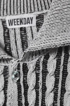 Weekday BOXY CABLE-KNIT POLO SWEATER black & white Cheap