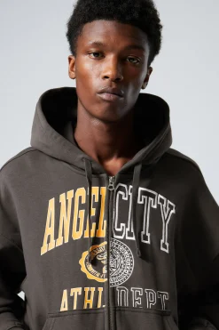 Weekday BOXY GRAPHIC ZIP HOODIE dark grey angel city Online