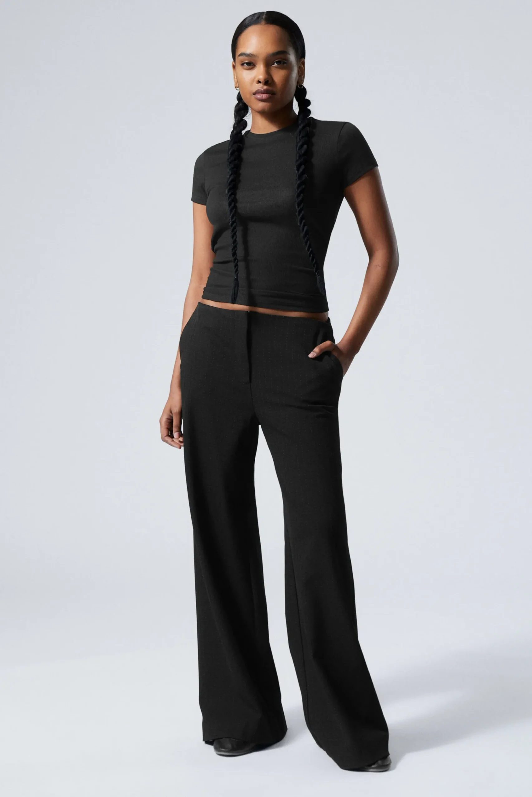 Weekday CUT-OFF WAISTBAND SUITING TROUSERS black stripe Discount