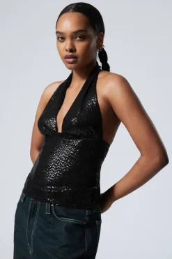Weekday DEEP SEQUIN HALTERNECK TOP black Clearance