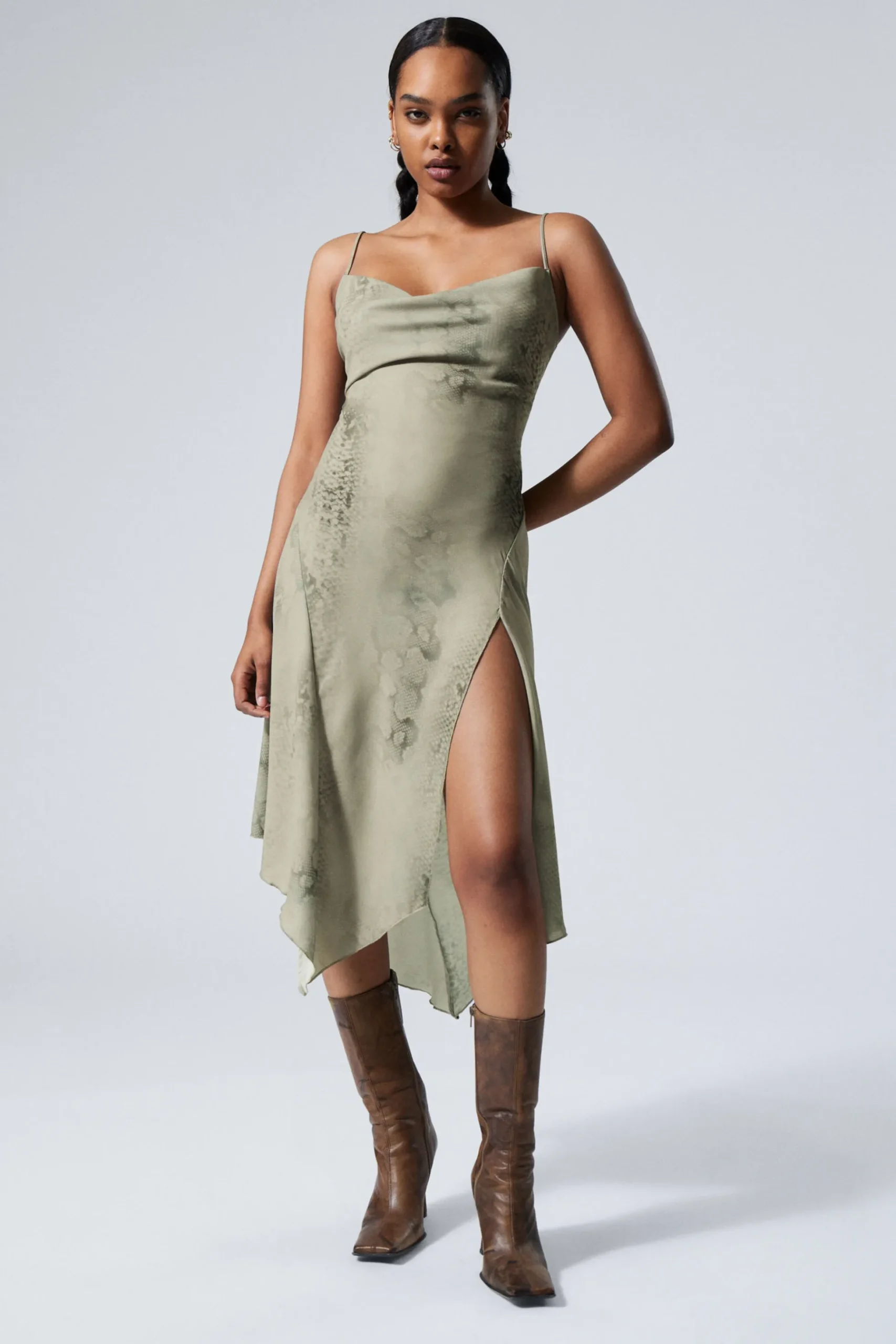 Weekday DRAPED ASYMMETRIC STRAP DRESS dusty salvia snake print Cheap
