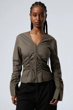 Weekday GATHERED POPLIN V-NECK SHIRT dark mole Discount