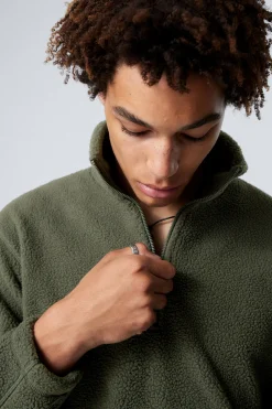 Weekday HALF-ZIP FLEECE SWEATSHIRT dark khaki green Cheap