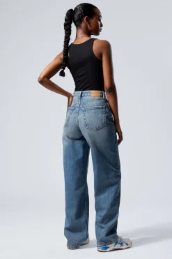 Weekday HALO CURVE HIGH WAISTED REGULAR WIDE LEG JEANS iron blue medium blue Clearance
