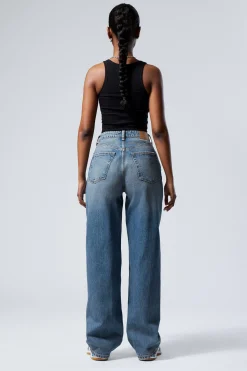 Weekday HALO CURVE HIGH WAISTED REGULAR WIDE LEG JEANS iron blue medium blue Clearance