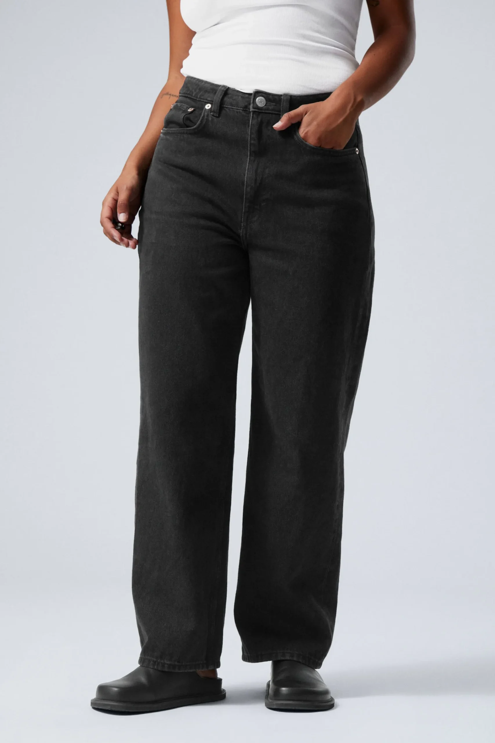 Weekday HALO CURVE HIGH WAISTED REGULAR WIDE LEG JEANS tuned black black Flash Sale