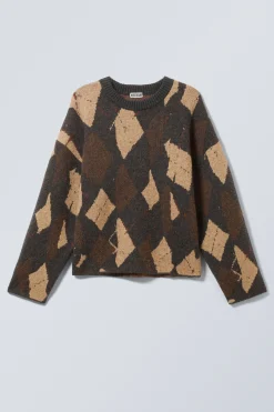 Weekday KNITTED TWISTED ARGYLE SWEATER dark grey brown argyle New