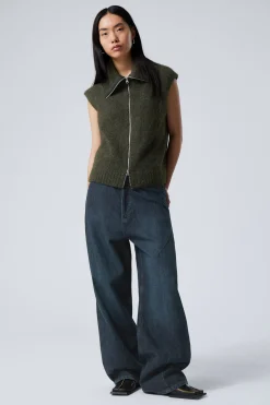 Weekday KNITTED ZIP VEST dark khaki green Fashion