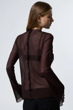 Weekday LONG-SLEEVED MESH TIE TOP dark plum Discount