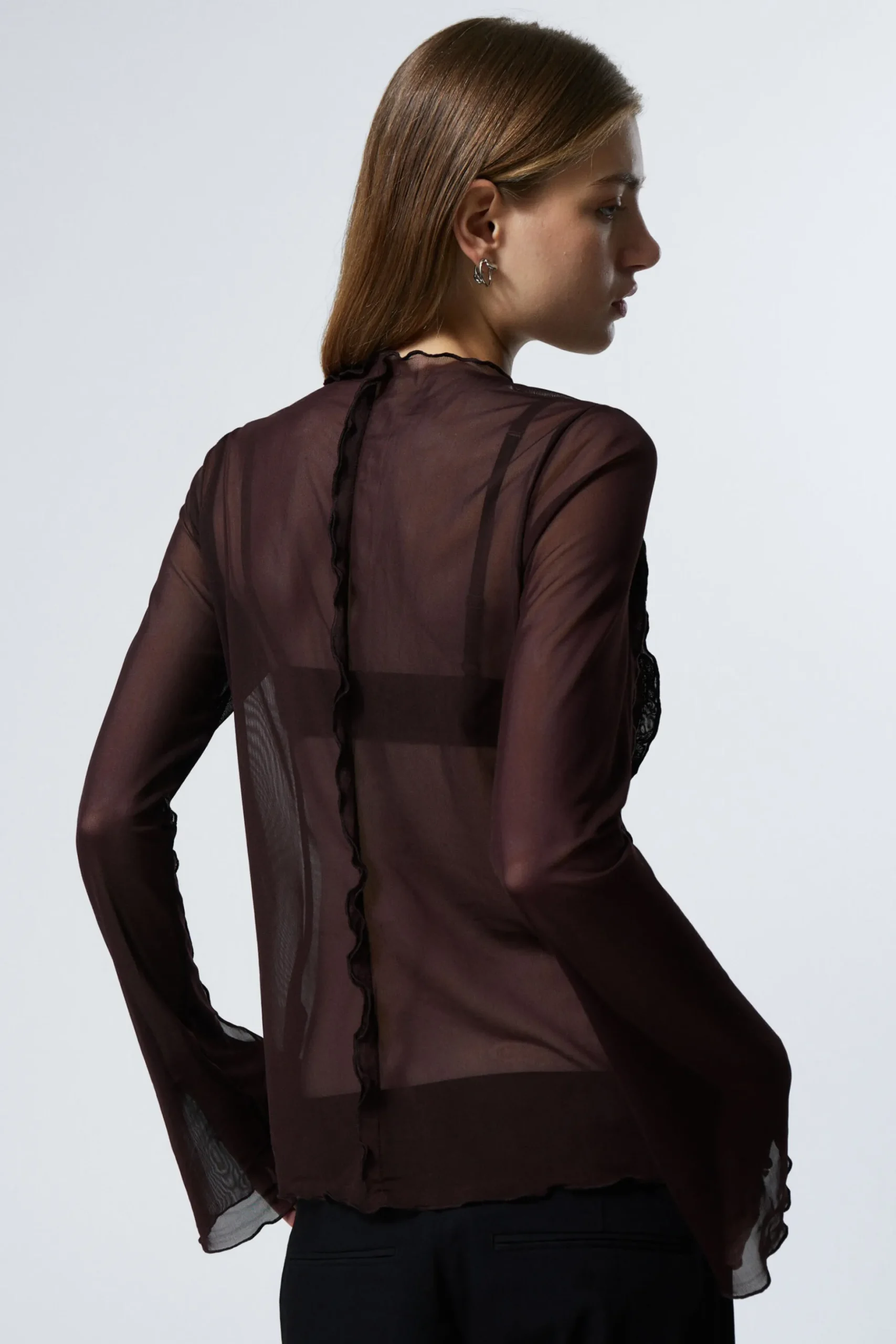 Weekday LONG-SLEEVED MESH TIE TOP dark plum Discount