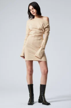 Weekday LONG-SLEEVED OFF-SHOULDER MINI DRESS light beige Clearance