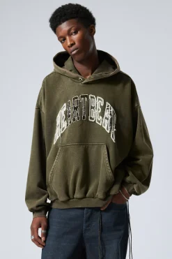 Weekday LOOSE GRAPHIC HEAVYWEIGHT HOODIE dark khaki green heartbeat Outlet
