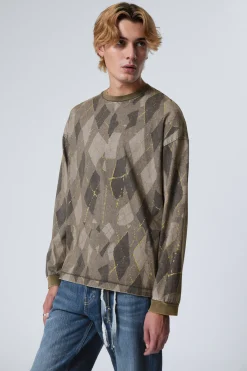 Weekday LOOSE GRAPHIC LONG SLEEVE T-SHIRT dark mole wobbly argyle New