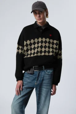 Weekday LOOSE GRAPHIC POLO SWEATSHIRT black argyle insert New