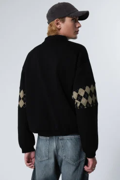 Weekday LOOSE GRAPHIC POLO SWEATSHIRT black argyle insert New