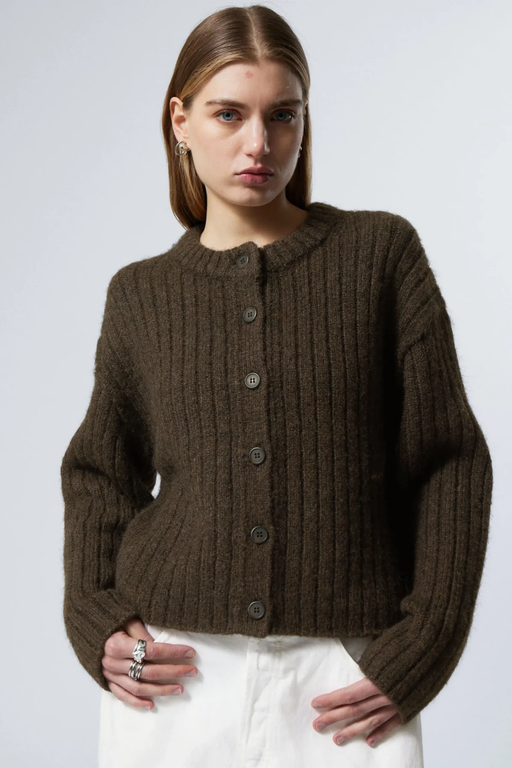 Weekday LOOSE KNITTED CARDIGAN dark brown melange Cheap