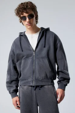 Weekday LOOSE ZIP HOODIE washed dark blue Clearance