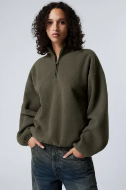 Weekday OVERSIZED HALF-ZIP FLEECE SWEATSHIRT dark khaki green Outlet