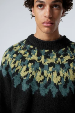 Weekday OVERSIZED KNITTED WOOL-BLEND RAGLAN SWEATER black petrol/yellow pattern Best Sale