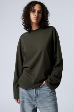 Weekday OVERSIZED LONG SLEEVE T-SHIRT dark khaki green Cheap