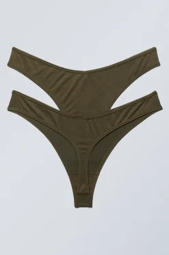 Weekday 2-PACK LOW WAIST MODAL THONGS dark khaki green Cheap