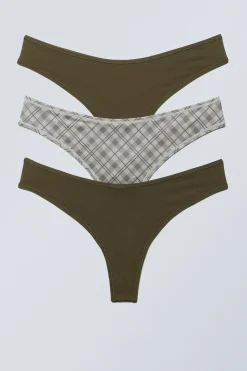 Weekday 3-PACK SOFT THONGS dark khaki green/checked greige Cheap