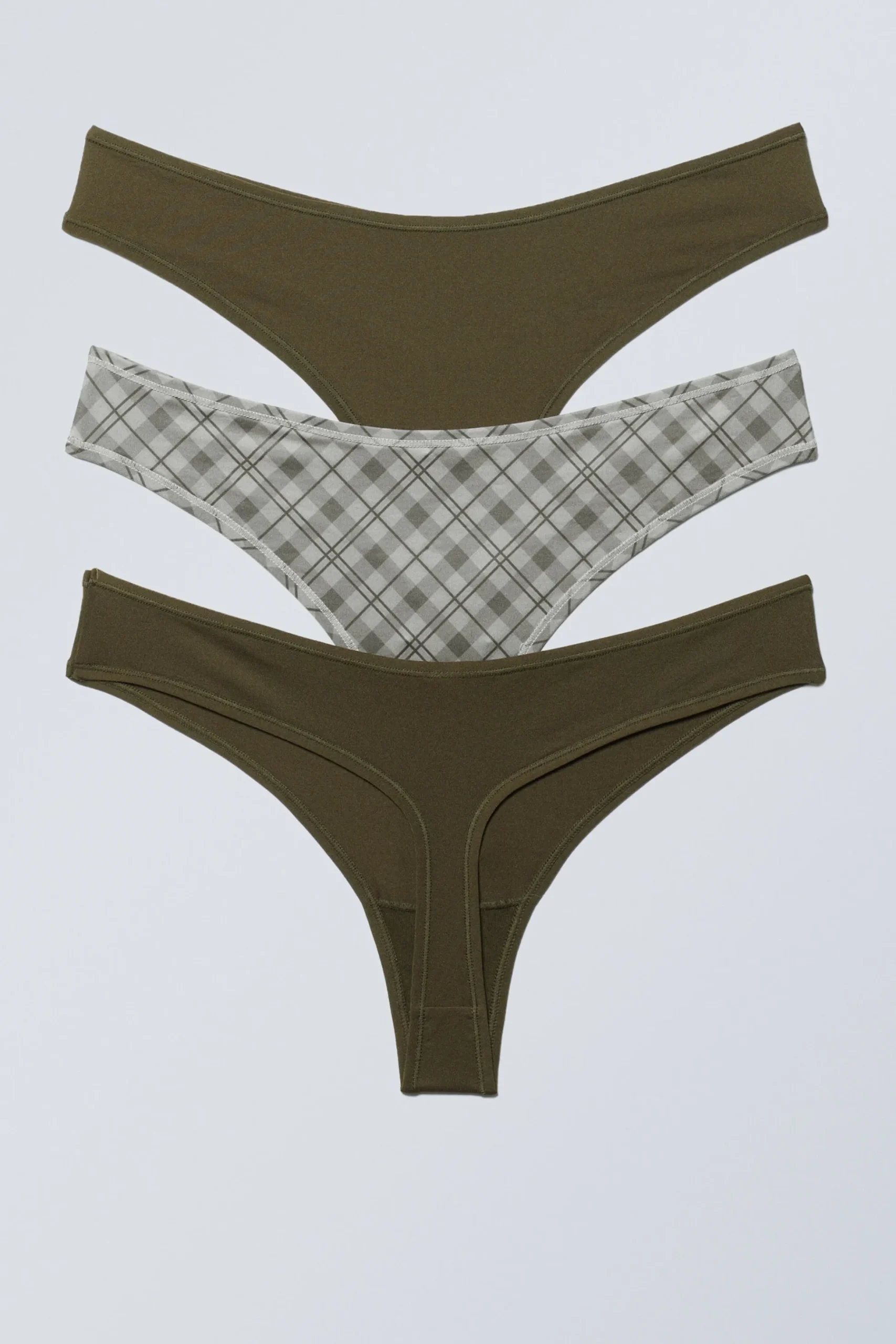Weekday 3-PACK SOFT THONGS dark khaki green/checked greige Cheap