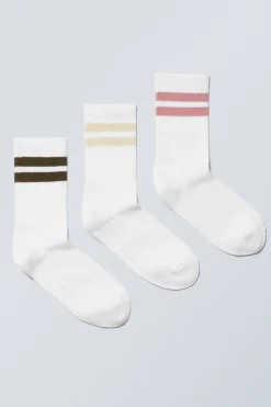 Weekday 3-PACK STRIPED CREW SOCKS white multi stripes Best Sale