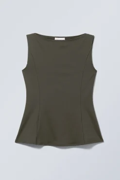 Weekday PEPLUM BOAT-NECK TOP dark khaki green Flash Sale
