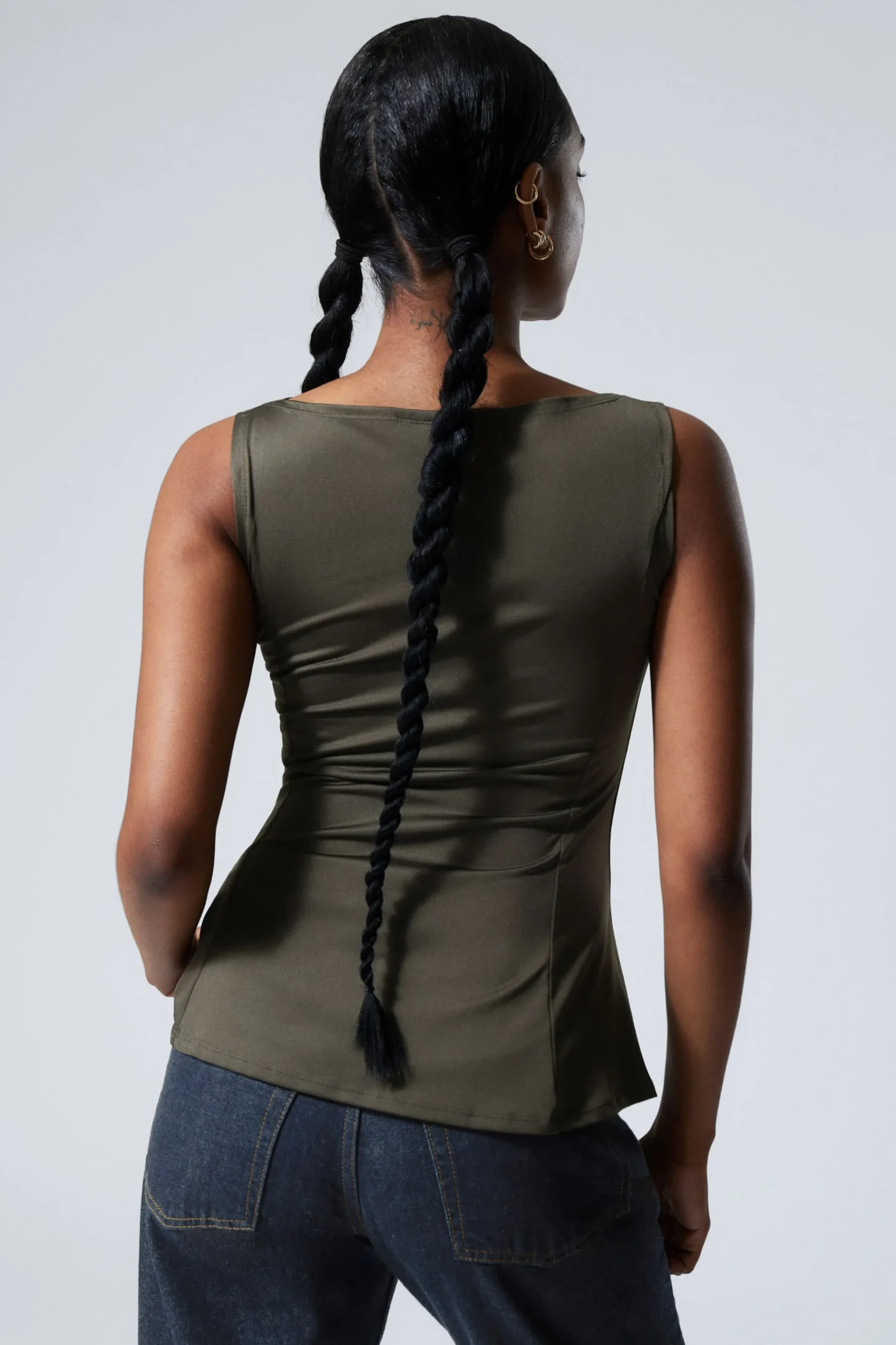 Weekday PEPLUM BOAT-NECK TOP dark khaki green Flash Sale