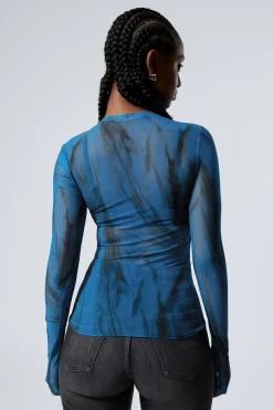 Weekday PRINTED LONG SLEEVE MESH TOP bright blue black strokes Cheap
