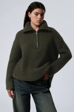 Weekday RIB-KNIT HALF-ZIP TURTLENECK SWEATER dark green Sale