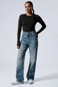 Weekday ROWE SUPER HIGH WAISTED REGULAR STRAIGHT LEG JEANS iron blue medium blue Clearance