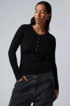 Weekday SHEER RIB LONG SLEEVE HENLEY TOP black Fashion