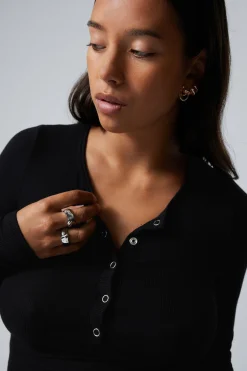 Weekday SHEER RIB LONG SLEEVE HENLEY TOP black Fashion