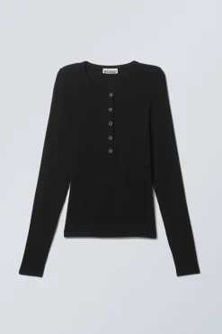 Weekday SHEER RIB LONG SLEEVE HENLEY TOP black Fashion