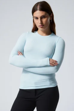 Weekday SHEER RIBBED LONG SLEEVE TOP light blue Flash Sale
