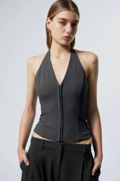 Weekday SHORT HALTERNECK TOP dark grey Discount