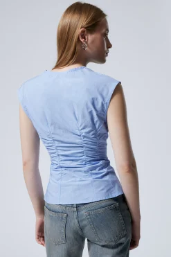 Weekday SLEEVELESS GATHERED POPLIN TOP light blue Shop