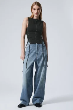 Weekday SLEEVELESS LACING BOAT-NECK EYELET TOP black Outlet