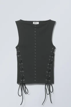 Weekday SLEEVELESS LACING BOAT-NECK EYELET TOP black Outlet