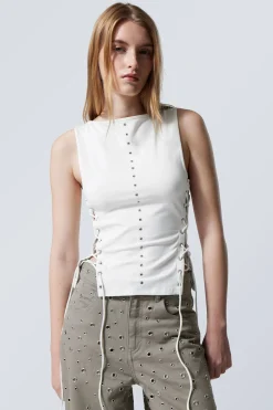 Weekday SLEEVELESS LACING BOAT-NECK EYELET TOP white Best