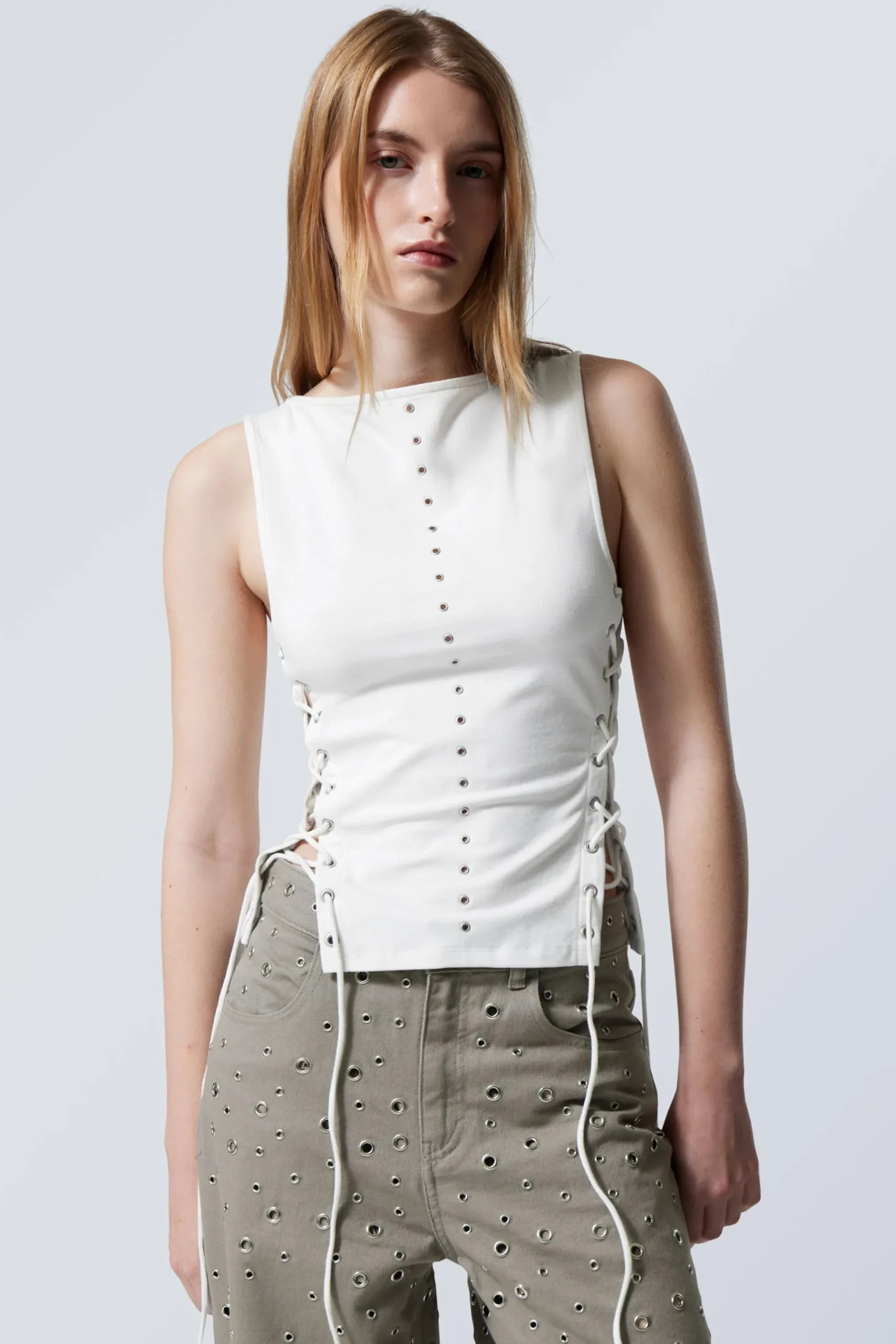 Weekday SLEEVELESS LACING BOAT-NECK EYELET TOP white Best