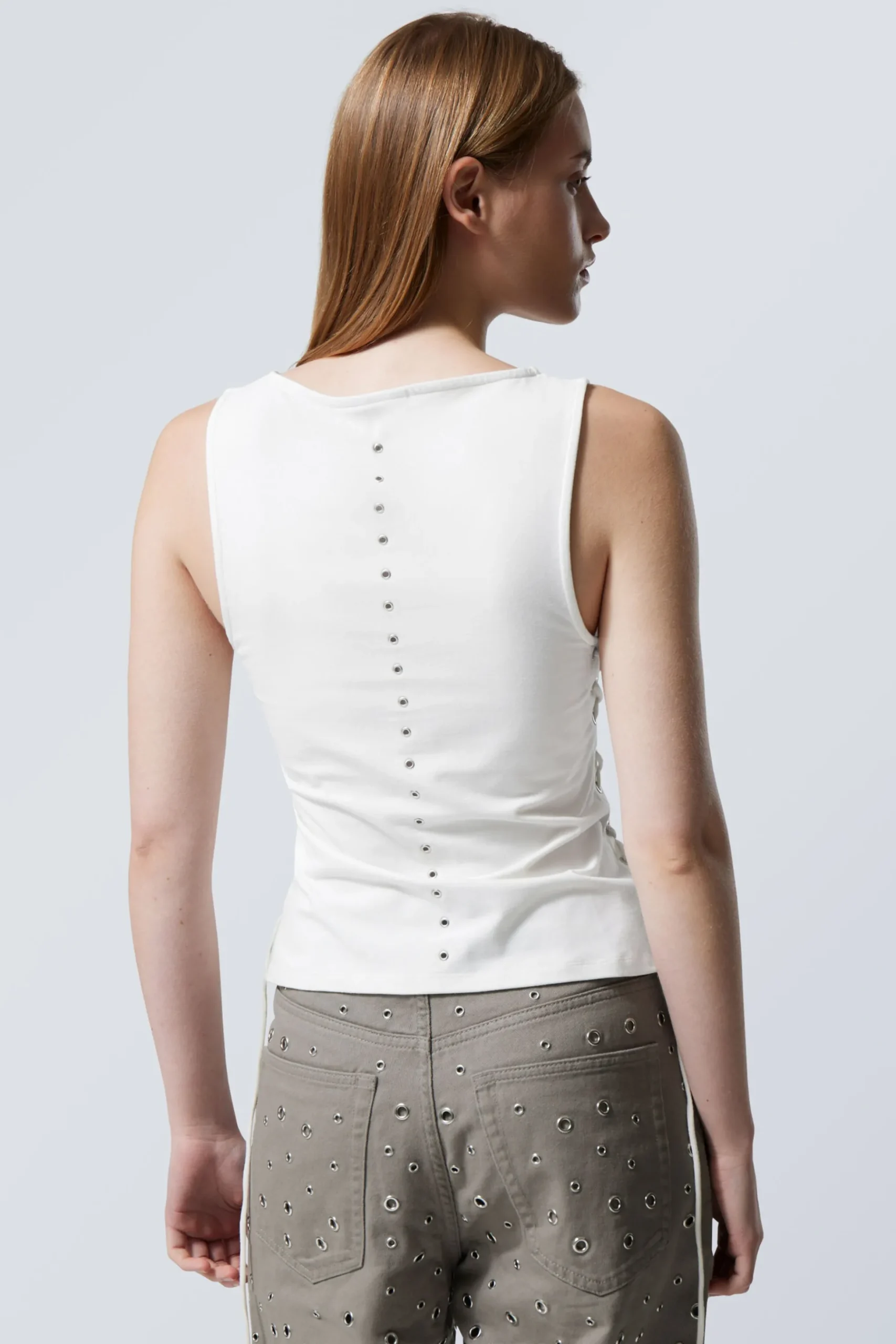 Weekday SLEEVELESS LACING BOAT-NECK EYELET TOP white Best
