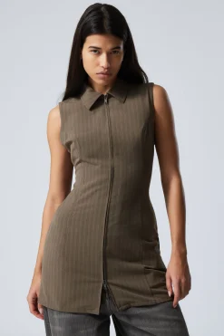 Weekday SLEEVELESS MINI SUITING ZIP DRESS dark mole stripe Best