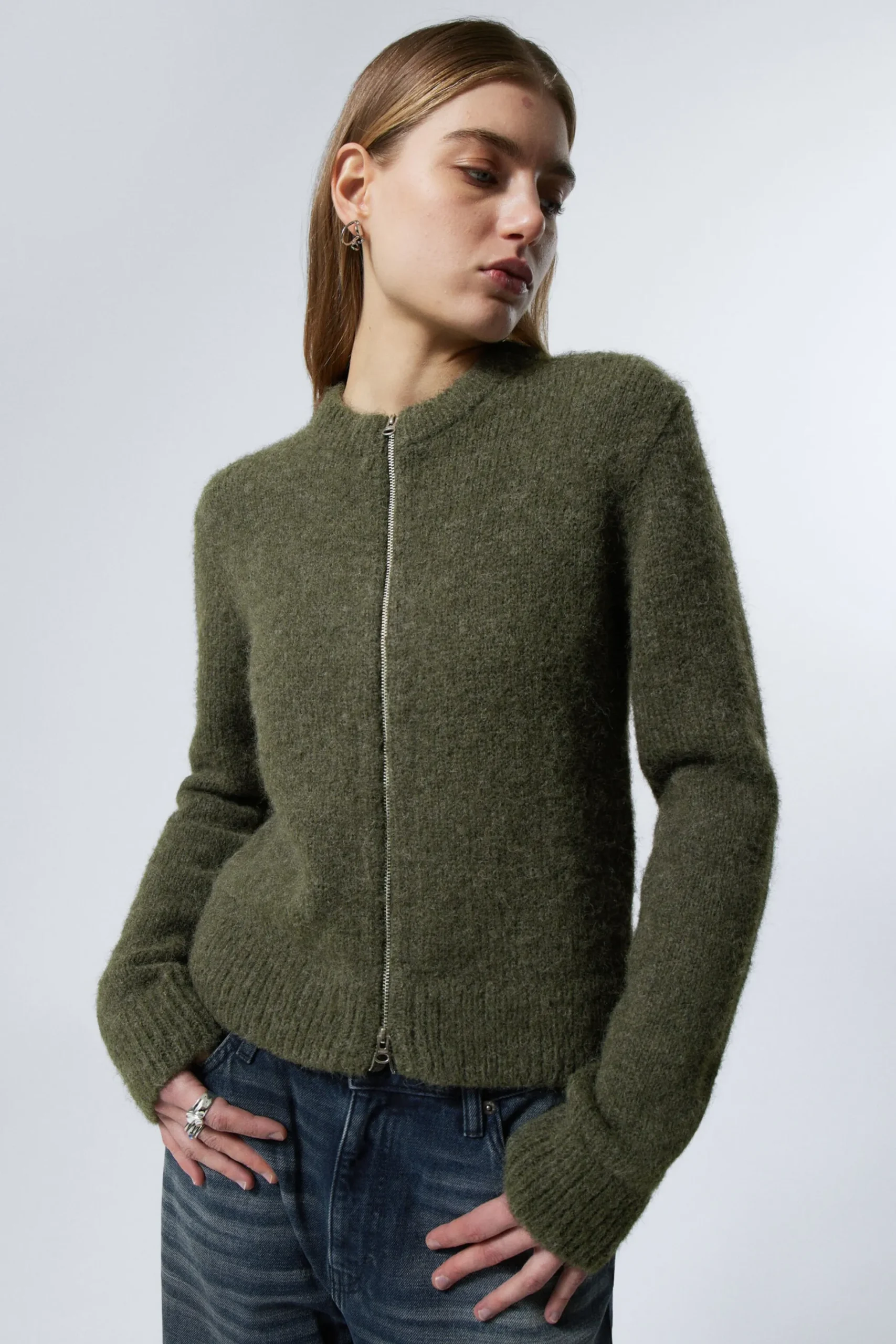 Weekday SLIM KNITTED ZIP CARDIGAN dark khaki green Shop